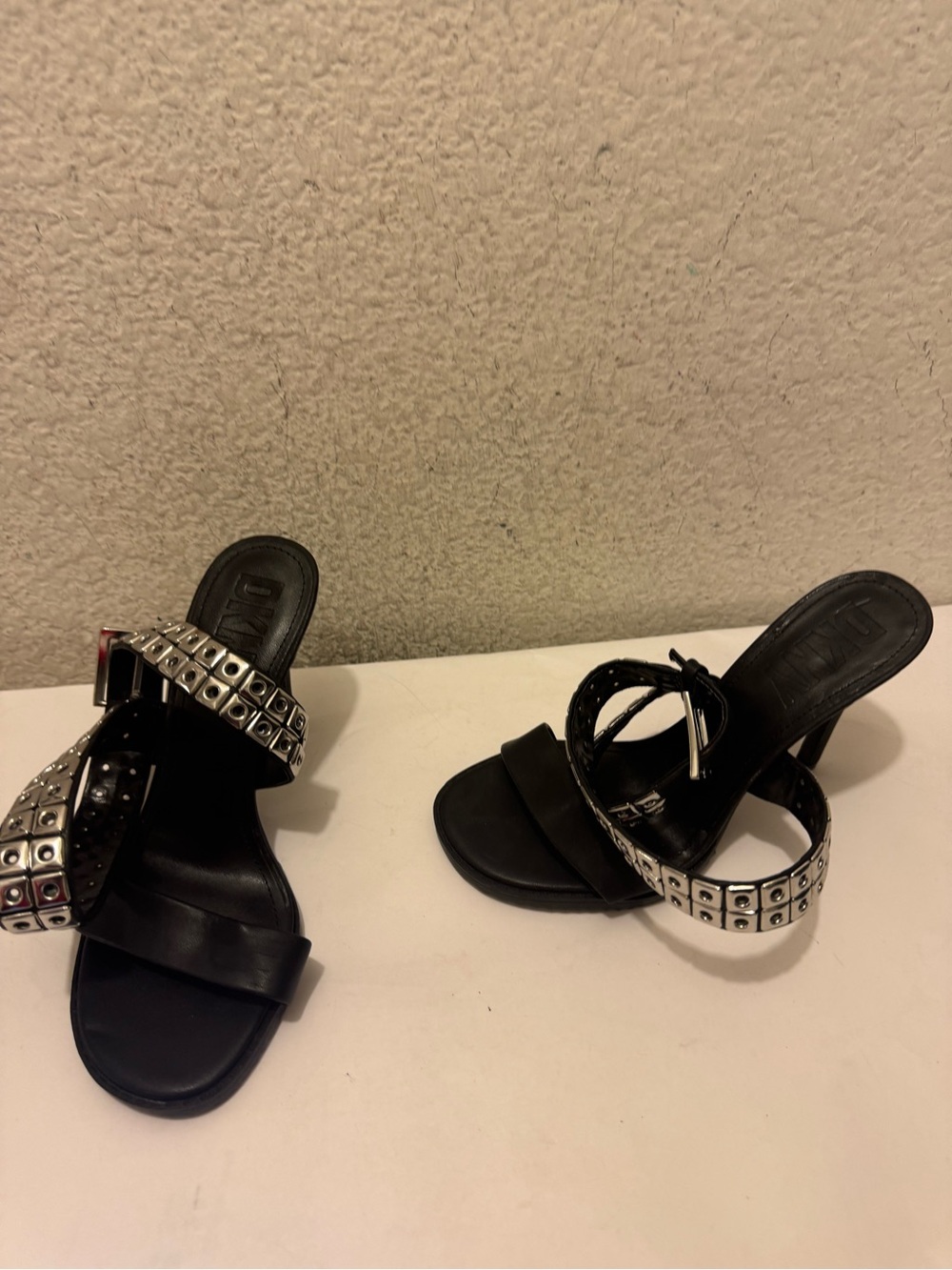 DKNY Black Heeled Sandals with Silver Stud Accents - Picture 2 of 7